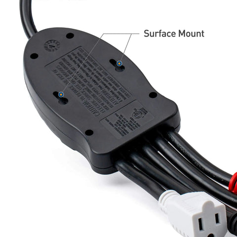 Close-up of 5 Outlet Power Cord Splitter with surface mount and 10 foot heavy duty extension showing color coded receptacles.