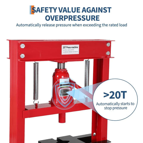 20 Ton H Frame Benchtop Hydraulic Shop Press for Metalworking Pneumatic Compatible red press with overpressure safety valve