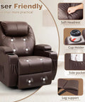 Cozy Leather 360 Degree Swivel Rocker Recliner With Massage, Side Pockets And Cup Holders, Plush Dark Brown Single Sofa