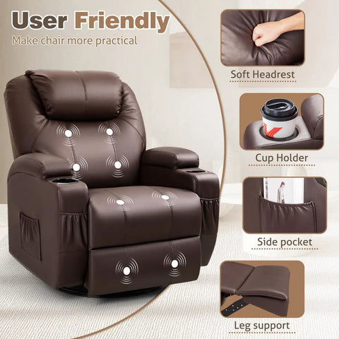 Cozy Leather 360 Degree Swivel Rocker Recliner With Massage, Side Pockets And Cup Holders, Plush Dark Brown Single Sofa