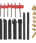 Heavy Duty Hilitand Lathe Turning Tool Kit With 1/2 Inch Shank And Seven Indexable Carbide Inserts, includes various holders and inserts.