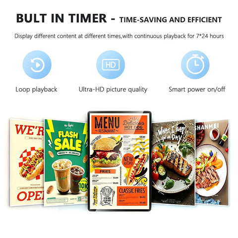 Built-in timer showcase for Grab This Super Cool 13.3 Inch Hd Digital Sign Board With Remote And Wifi App Control For Your Cafe And Bakery Non Touch Wall Mounted Commercial Screen Auto Looping Video And Image Player With Stunning 1080p Ips Lcd For Vibrant Promotions.