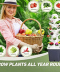 Smiling woman holding basket of vegetables next to Dope High Yield 30 Pod Indoor Hydroponic Tower Garden System With Movable Water Tank And Pump Vertical Indoor Planter For Home Growers Perfect For Tomatoes Lettuce Herbs And Veggie Seeds