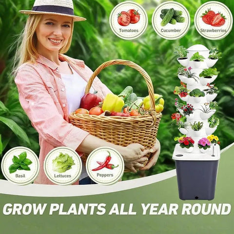 Smiling woman holding basket of vegetables next to Dope High Yield 30 Pod Indoor Hydroponic Tower Garden System With Movable Water Tank And Pump Vertical Indoor Planter For Home Growers Perfect For Tomatoes Lettuce Herbs And Veggie Seeds