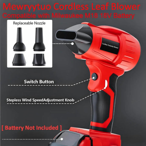 Turbo Jet Blower Cordless Dust Blower For Milwaukee M18 18V Battery Air Duster Jet Fan, showing red body, switch button, and nozzles