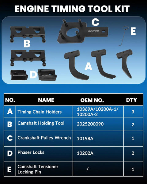 Camshaft Phaser Timing Chain Tool Kit For 3.6L Pentastar V6 Engines, Includes Phaser Locks, Camshaft Tensioner Pin, Crankshaft Pulley Wrench, Holding Tools And Case, Compatible With 10200A 10202 10369 10198A 2025200090, tool components displayed with labels.