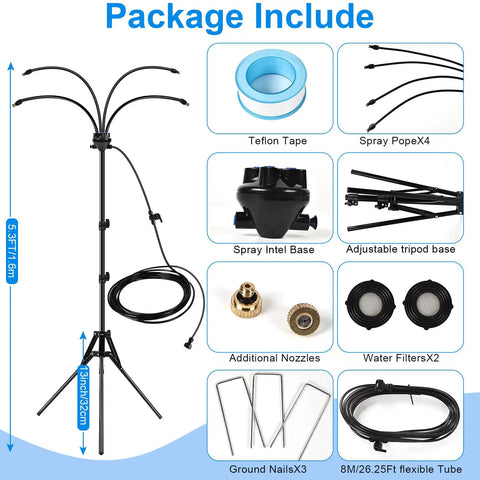 Package includes for Outdoor Standing Misting System With Adjustable Height 5.3 Ft, Foldable Tripod Base For Patio Cooling.