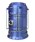 Solar Powered Camping Lantern With Foldable Body And Sturdy Handle, blue LED lamp with three lighting modes, side view.