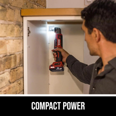 Person using PWR CORE 12 Brushless 12V Right Angle Impact Driver With 1/4 Inch Hex in tight cabinet space