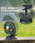 Clip On Camping Fan With LED Lantern Magnetic Base And Hanging Hook shown with dual-axis rotation in outdoor setting.