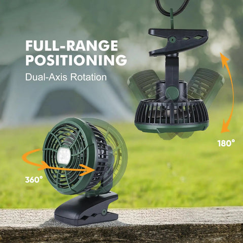Clip On Camping Fan With LED Lantern Magnetic Base And Hanging Hook shown with dual-axis rotation in outdoor setting.