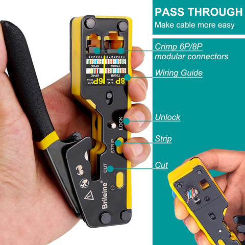 Hand holding RJ45 Pass Through Crimp Tool Kit For Ethernet Cable Cat5 Cat5e Cat6 And 6A Handles RJ11 RJ12 6P 8P