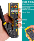 Hand holding Pass Through RJ45 Crimp Tool Kit For Ethernet Cables, All In One Crimper for CAT5 CAT5e CAT6 and CAT6A with 8P plugs.