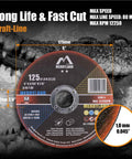 Front view of Merryland 125mm metal cutting wheel, 1.0mm thick, for stainless steel and iron, angle grinder compatible