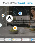 Woman using Siri to unlock the front door in a kitchen, showcasing Bolt Pro WiFi Smart Deadbolt Lock With Apple Home Key Matter Support.