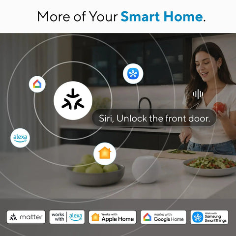 Woman using Siri to unlock the front door in a kitchen, showcasing Bolt Pro WiFi Smart Deadbolt Lock With Apple Home Key Matter Support.