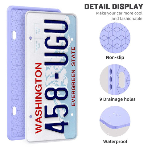 Silicone License Plate Frame With Front And Back Cover For US And CA Standard Cars, Rust-Proof Rattle-Proof Weather-Proof Bracket Holder, Scratch-Free No Noise Easy Install Purple with detail view of drainage holes and non-slip texture