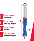 Solid Carbide Spektra Extreme Tool Life Spiral Plunge Router Bit Down Cut 3/8 In Dia, 1 In Cutting Height, 3/8 In Shank, 2-1/2 In Overall Length