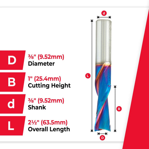 Solid Carbide Spektra Extreme Tool Life Spiral Plunge Router Bit Down Cut 3/8 In Dia, 1 In Cutting Height, 3/8 In Shank, 2-1/2 In Overall Length