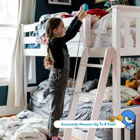 Child using Kid Friendly 8 Foot Tape Measure With Blue Bird Design STEM Educational Tool Featuring Level And Protractor
