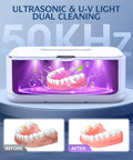 50kHz Ultrasonic Jewelry Cleaner with UV Light, 24oz stainless steel tank cleaning dentures, before and after comparison shown