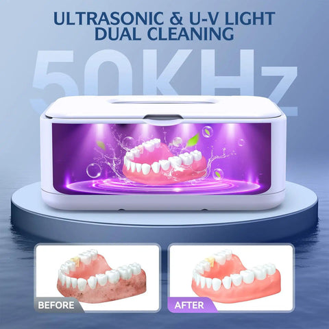 50kHz Ultrasonic Jewelry Cleaner with UV Light, 24oz stainless steel tank cleaning dentures, before and after comparison shown