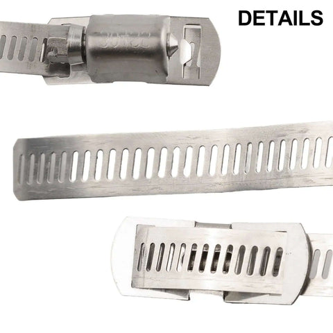 Premium Stainless Steel Hose Clamp Kit With Adjustable Worm Gears For Quick Tightening And Secure Grip. Heavy Duty 304 Grade Metal Bands Fit All Sizes Perfectly For Automotive, Plumbing Or Industrial Jobs. No More Leaks Or Loose Fittings On The Job. Easy. close-up of 304 stainless steel worm gear hose clamp band