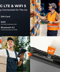 Rugged Barcode Tablet With Zebra SE4710 Scanner, Android 14, used in warehouse and field, showing 4G LTE and WiFi 5 connectivity.