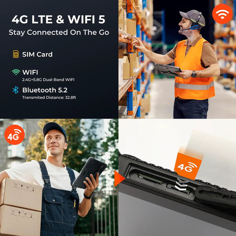 Rugged Barcode Tablet With Zebra SE4710 Scanner, Android 14, used in warehouse and field, showing 4G LTE and WiFi 5 connectivity.