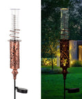 Solar Powered Rain Gauge With LED Night Light Outdoor Garden Stake Decoration 7 Inch Plastic Tube Freeze Proof Copper Metal Finish Brown Yard Gauge