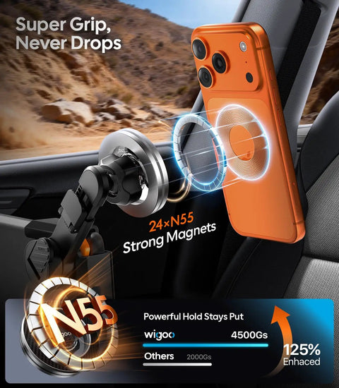 Magnetic Phone Mount For Tesla Models 3 Y S X With Screen Side Vacuum Base And Extendable Arm No Glue Strong Magnet No Obstructed View Works With MagSafe iPhone 17 To 12 And Most Android Devices visible in use inside vehicle