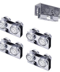 P2750EG Trolley Assembly with carbon steel bearings for 1-5/8 in strut channels, shown in 4-pack and installed on track.
