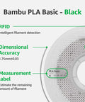 Bambu PLA Basic Black with RFID, dimensional accuracy of 1.75mm ±0.03, and measurement label on filament spool.