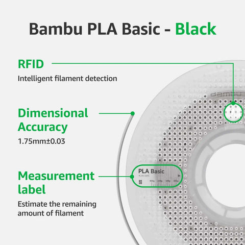 Bambu PLA Basic Black with RFID, dimensional accuracy of 1.75mm ±0.03, and measurement label on filament spool.
