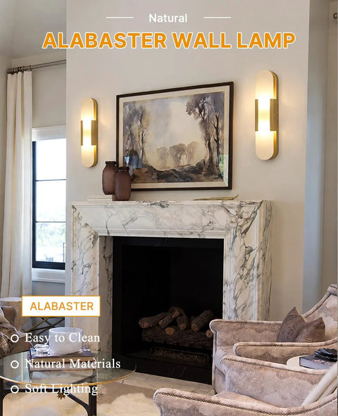 Natural Spanish Alabaster Wall Sconce, 19.7" High Marble Wall Sconces, G9 illuminating a modern living room with a marble fireplace.