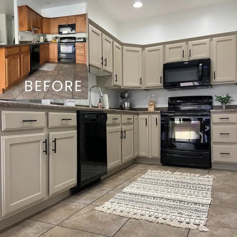 Before and after kitchen cabinets painted with Paint Transformer Chalk Mineral For Latex And Acrylic Paint, no sanding required.