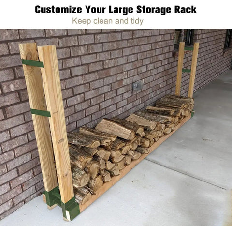 Outdoor Firewood Rack Bracket Kit With Four Support Bars For Wood Pile Storage Heavy Duty DIY Fireplace Log Stacking Stand Holder For 2x4 Lumber Green 1 Pair Weather Resistant Steel setup with logs against a brick wall