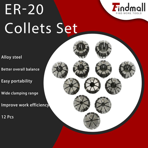 12 Piece ER 20 Collets Set One Eighth To One Half Inch For CNC Engraving Machine viewed from above with alloy steel collets.