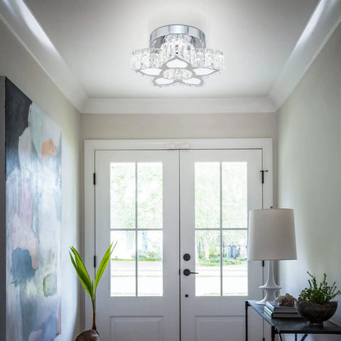Crystal Flower Chandelier Modern LED Ceiling Light Fixture Flush Mount for Bedroom Living Room Dining Room Foyer, 29W, K9 Crystals With Stainless Steel Frame, Cool White Glow, installed in a bright entryway.