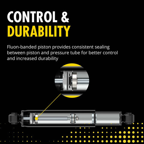 Image showing control and durability features of All Weather Shock Absorber For Chevy Tahoe With Hydraulic Lockout And Nitrogen Charged Gas Monotube Design.