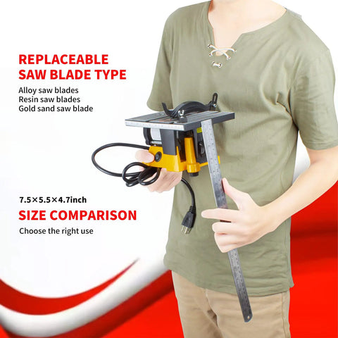 Person holding 4 Inch 60W Mini Electric Table Saw For Bench Top DIY Projects Includes Two Circular Blades Handy Compact Hobby Craft Power Tool For Wood Metal Glass Plastic Cutting Low Noise Wobble Free Precision