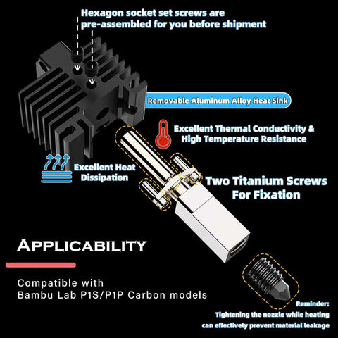Hotend Upgrade Kit For Bambu Lab P1P P1S Printers showing heat sink, titanium screws, and thermal conductivity features.