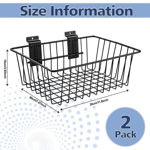 Slatwall Storage Baskets 2 Pack Matte Black Metal Wire Organizer Bins For Wall Panels 11.75 In Wide By 7.875 In Deep By 4 In High