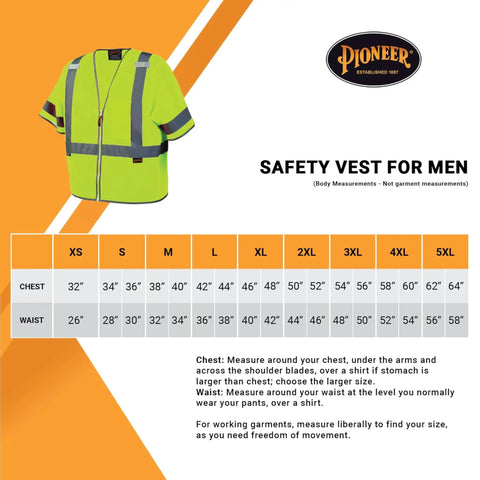 High Visibility Sleeved Mesh Safety Vest With Brilliant Reflective Tape And Utility Pockets Class 3 size chart for men.