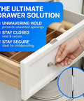 No Drill Magnetic Cabinet Catch Set Ultra Thin Stainless Steel Cabinet Magnets in use on white kitchen drawer
