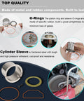 Oil Free Air Compressor Rebuild Kit With Cylinder Sleeve And Compression Ring For Craftsman DeVilbiss Porter Cable DeWalt Units with components displayed.