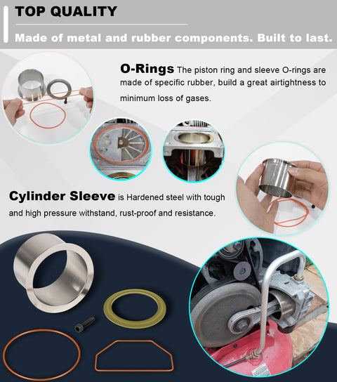 Oil Free Air Compressor Rebuild Kit With Cylinder Sleeve And Compression Ring For Craftsman DeVilbiss Porter Cable DeWalt Units with components displayed.