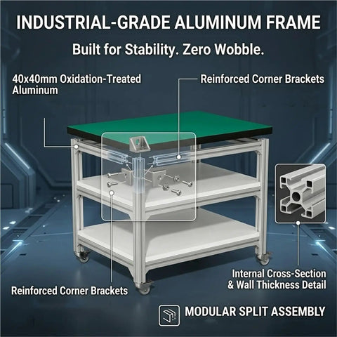 Industrial Anti Static Mobile Workbench Aluminum Utility Cart With 150X80cm Desktop Built Like A Tank featuring reinforced corner brackets.