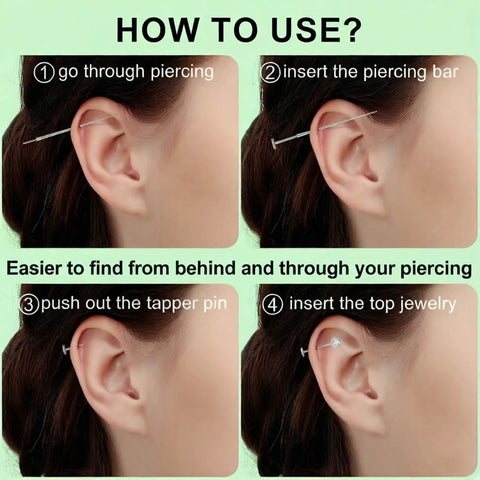 Step-by-step guide using Piercing Taper Ball Grabber Tool Kit For Quick Jewelry Swaps 14G 16G 18G 20G on ear.