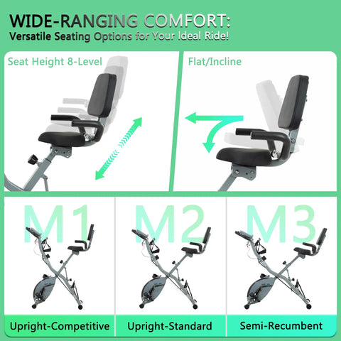 No Hassle Foldable Spin Bike For Home Gym Shredding Featuring Whisper Silent Magnetic Resistance And Plush Backrest in upright and recline modes.